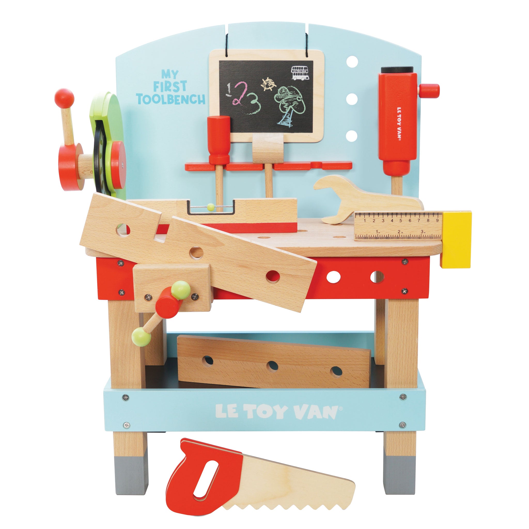 TV448-my-first-tool-bench-workbench-tools-saw-screwdriver-hammer-bolts-nuts-vice-ruler-drill-nails-bag-blue-red-wood_1