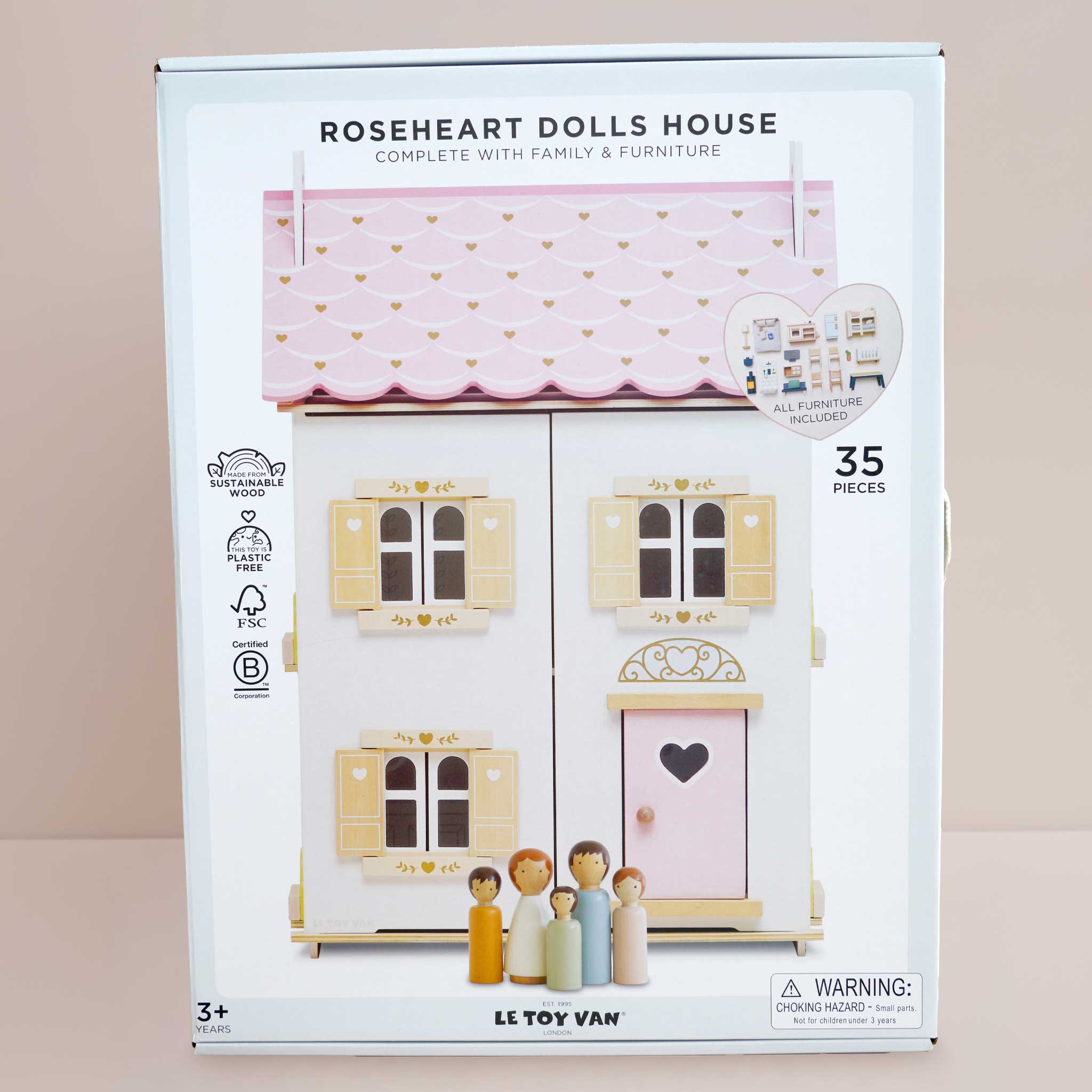Roseheart Wooden Dolls House, Furniture and Family