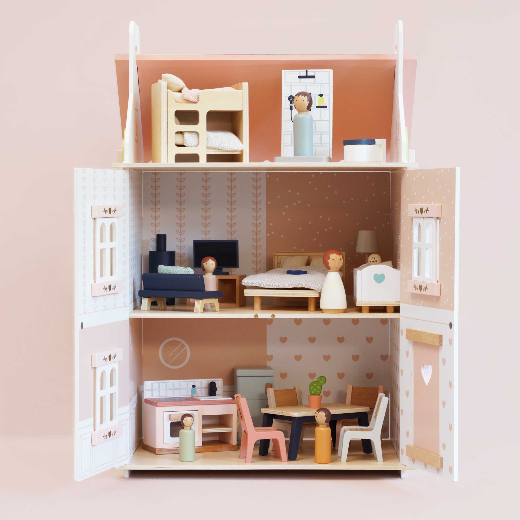 Roseheart Wooden Dolls House, Furniture and Family