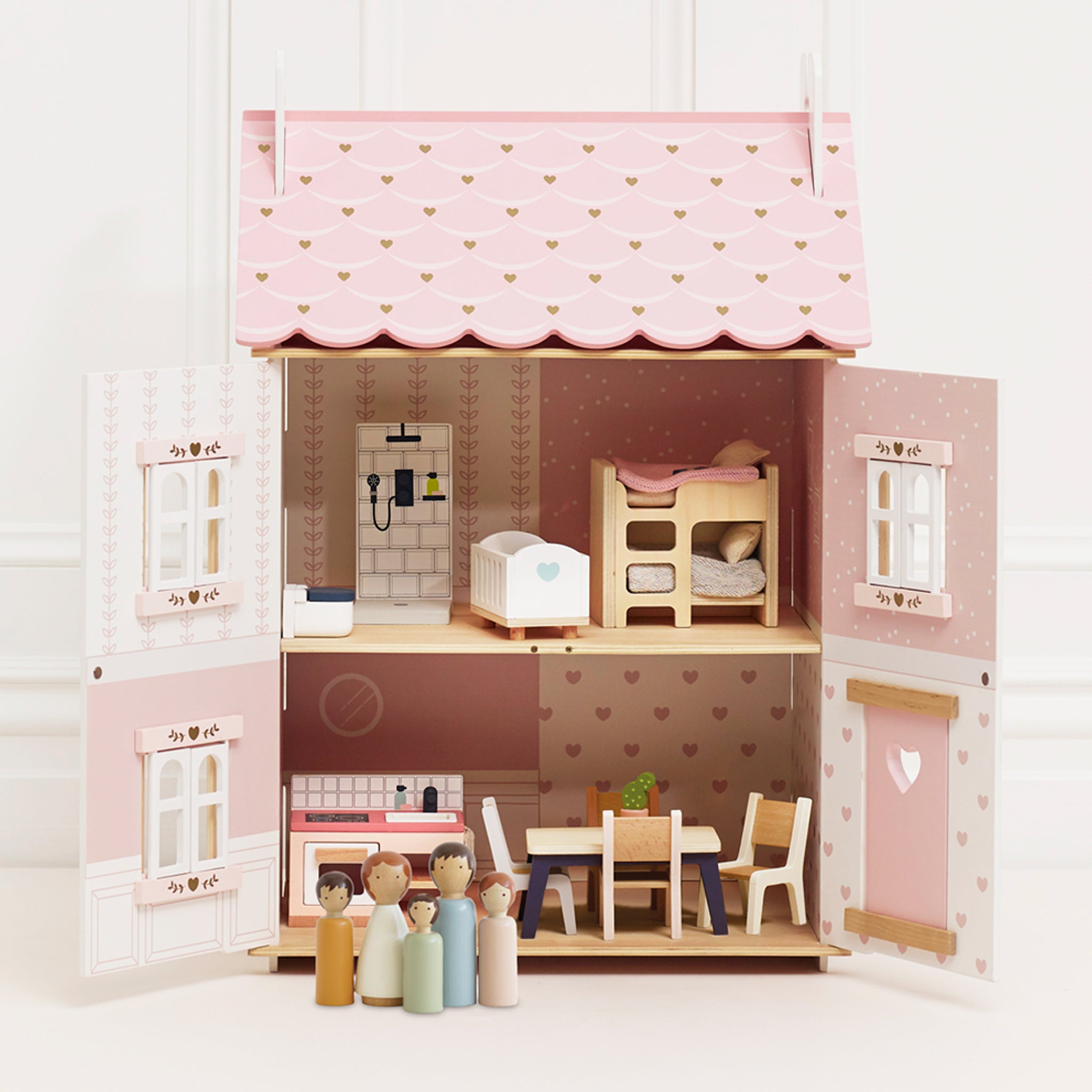 Roseheart Wooden Dolls House, Furniture and Family