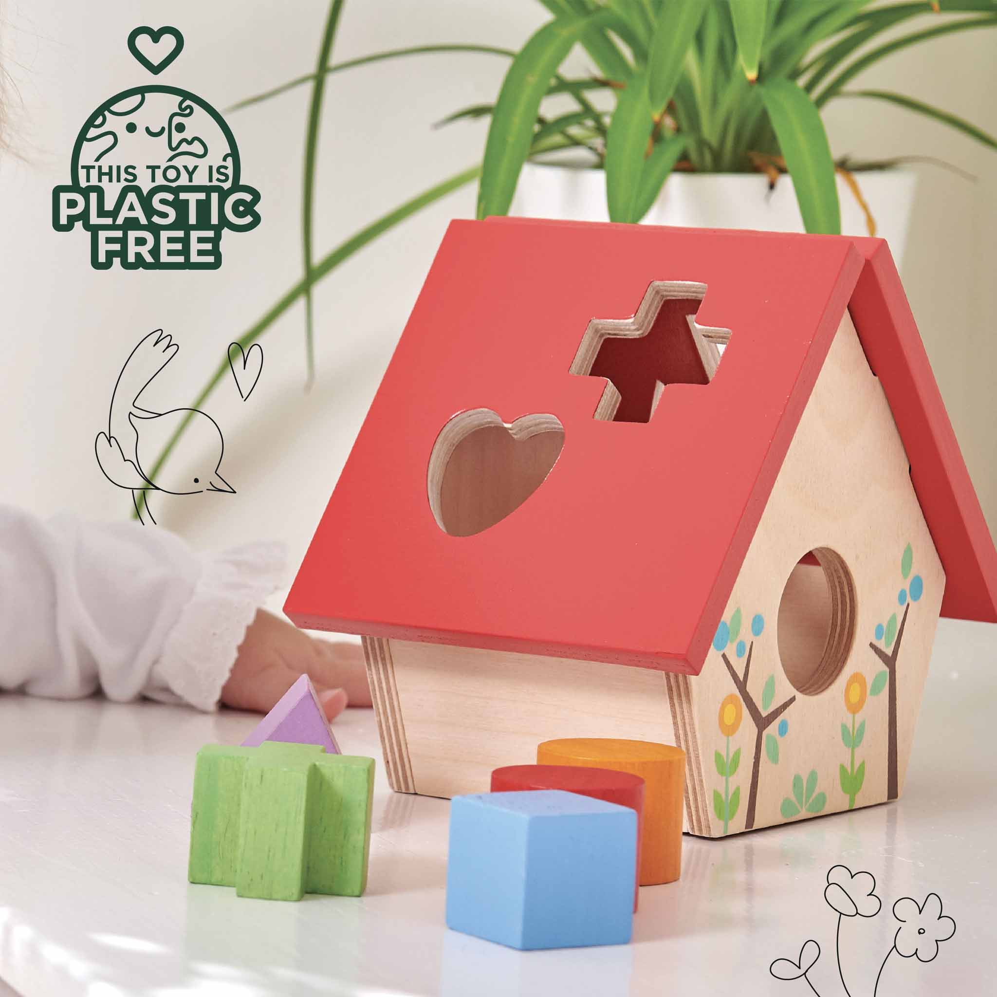 Wooden bird house shape sorter