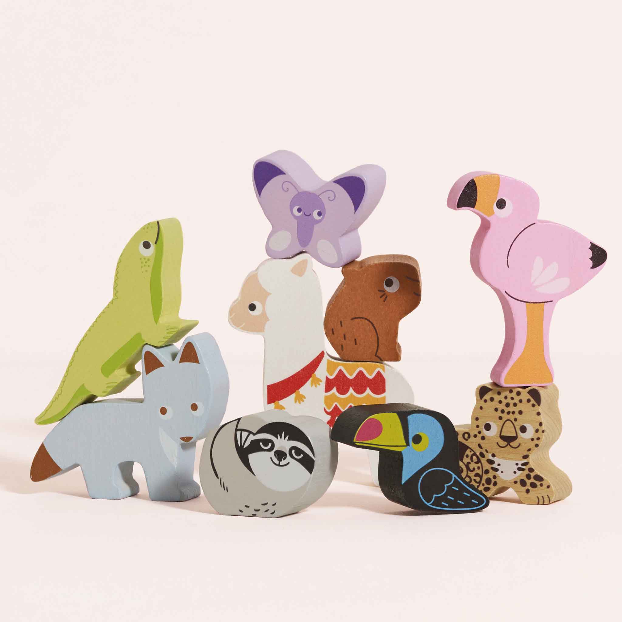 PL113-andes-stacking-wooden-toy-animals-cotton-bag-plastic-free-flamingo-lama-wolf-butterfly-tucan-leopard-lizard-wolf-pink-soft_3